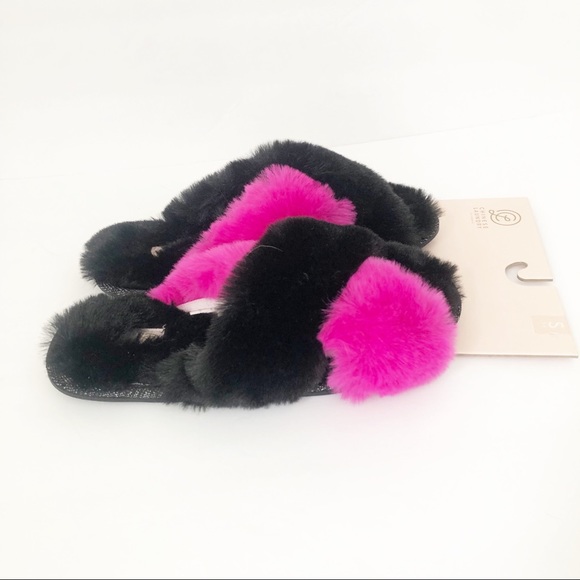 CHINESE LAUNDRY hot fuchsia pink and black fuzzy COZY slippers SZ 9/10 NWT Large - Picture 3 of 7